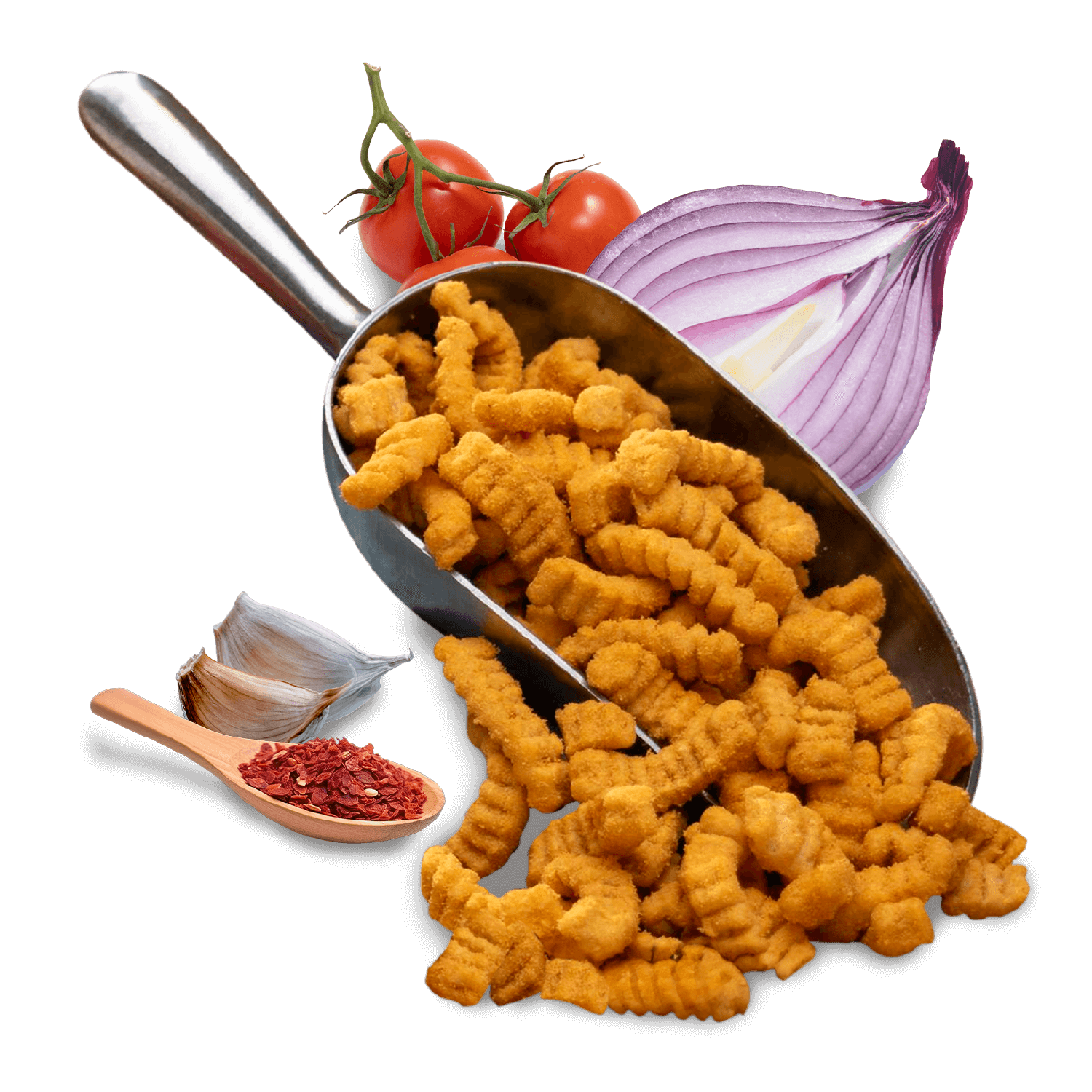 Protein chips spilling from a scoop, surrounded by cherry tomatoes, onions, and spices, showcasing a healthy snack option.